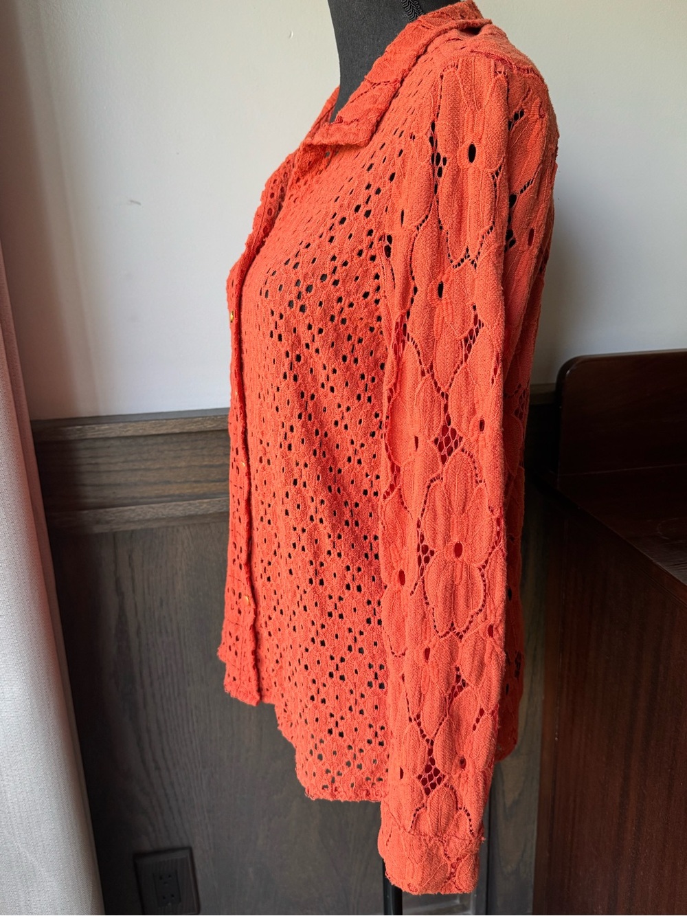 Nicole Miller Coral Openwork Button-Down Shirt - Picture 2 of 8